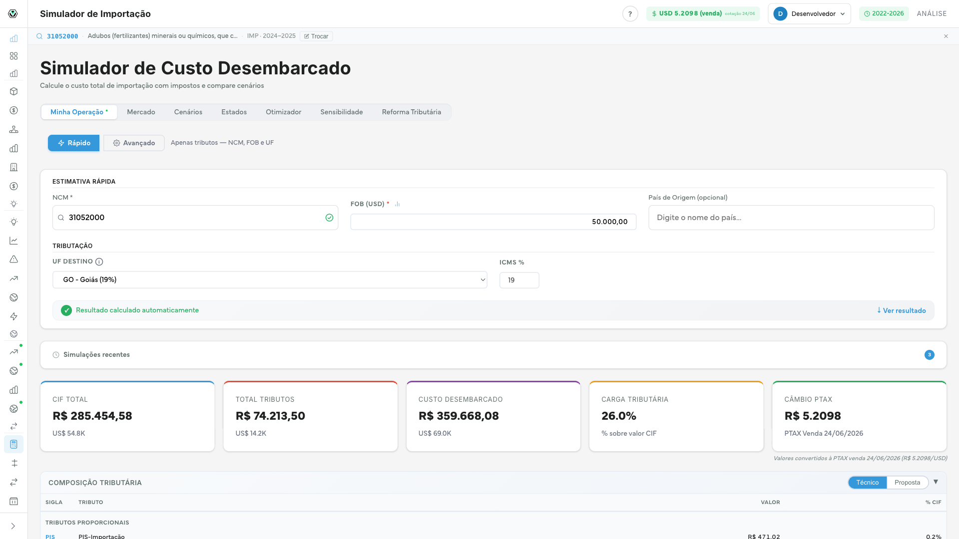 Simulador de custo de importação do Volion Flux